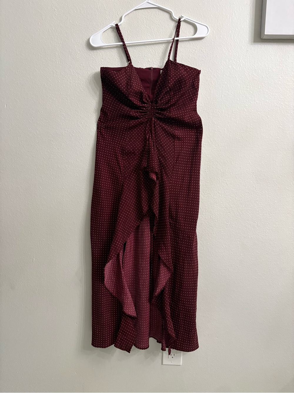 LUSH Women’s Burgundy Polka Dot Ruffle Midi Dress